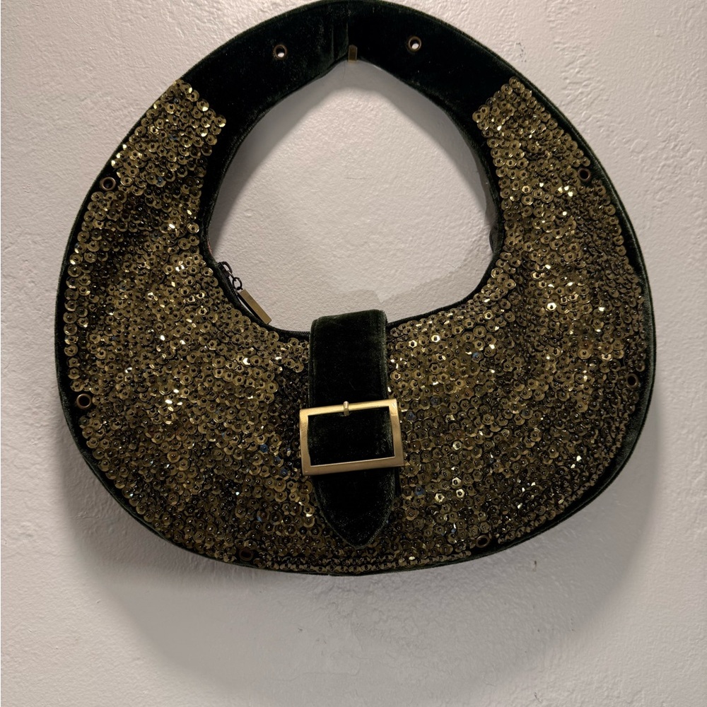 Big Buddha Emerald Velvet & Beaded Sequin Handbag - Gold Hardware - Rare
